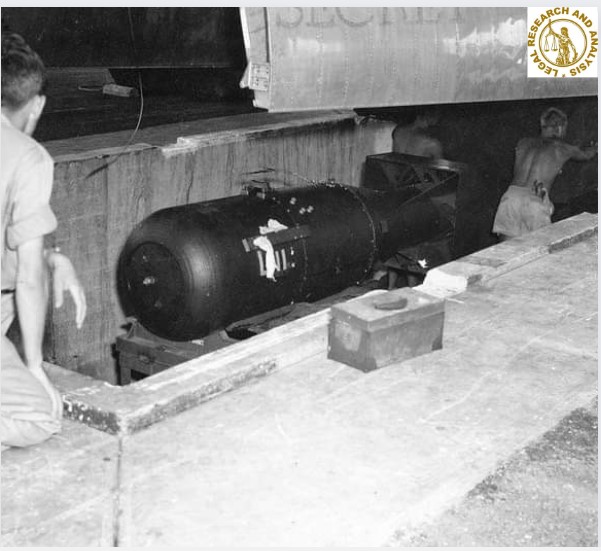 Before being loaded aboard the B-29 Enola Gay, the "Little Boy" Atomic Bomb was seen on Tinian on August 5, 1945.