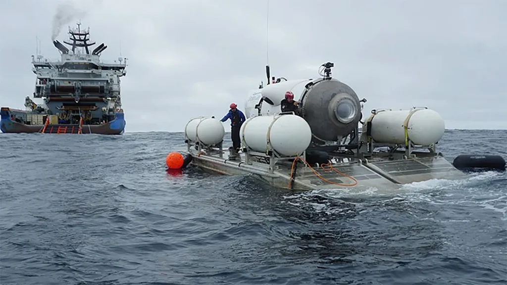 OceanGate tows its Titan submersible out from the company’s home base in Everett, Wash., for a test in Puget Sound in preparation for its first Titanic dive in 2021. (OceanGate Photo)