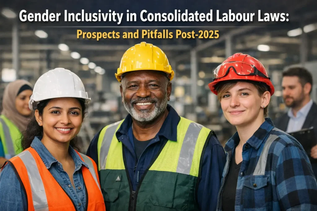 Diverse group of industrial workers wearing safety helmets and vests, representing gender inclusivity and equality in modern labour laws post-2025 in a workplace environment