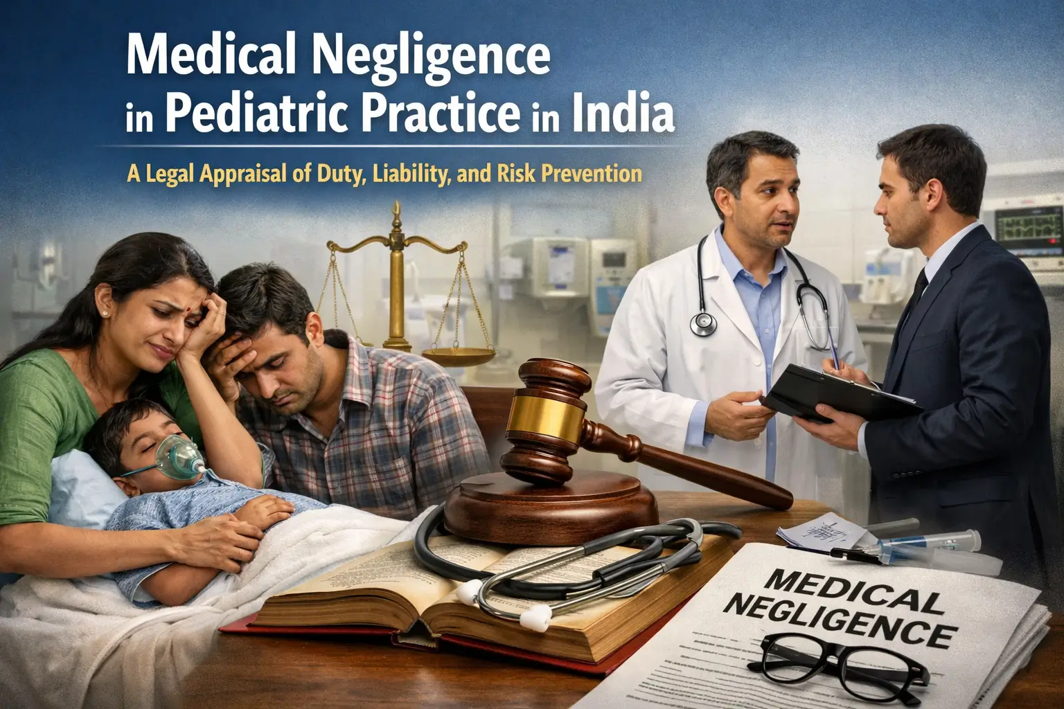 Medical negligence in pediatric practice in India showing distressed parents with a sick child, doctor and lawyer discussion, and legal symbols of liability and risk prevention