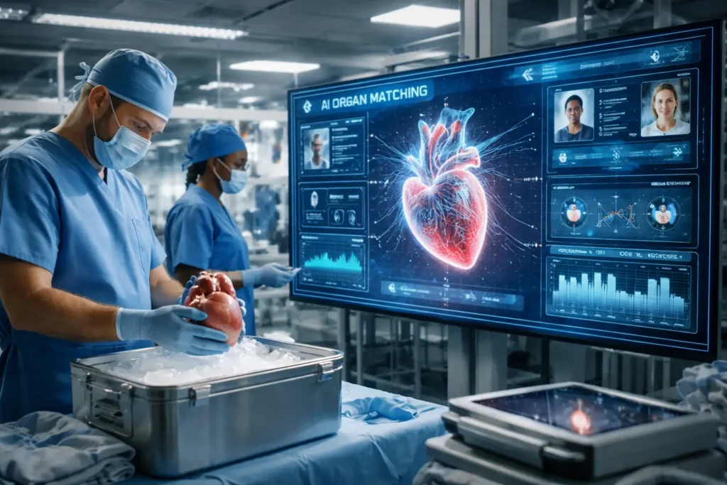 AI-powered organ matching system in a modern hospital showing doctors analyzing a human heart transplant with advanced digital interface and predictive analytics