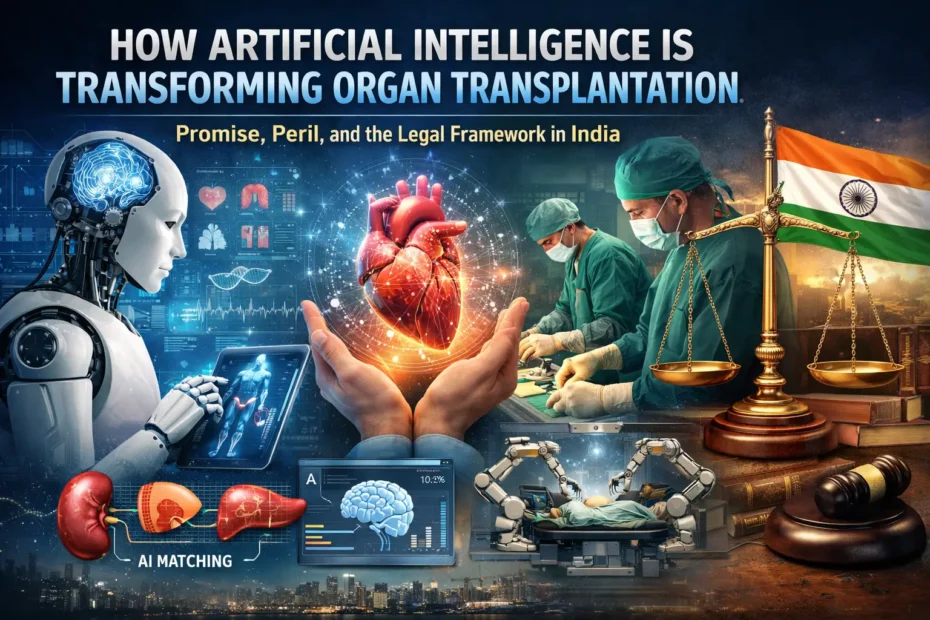 AI transforming organ transplantation in India with medical surgery, AI technology, and legal framework concept