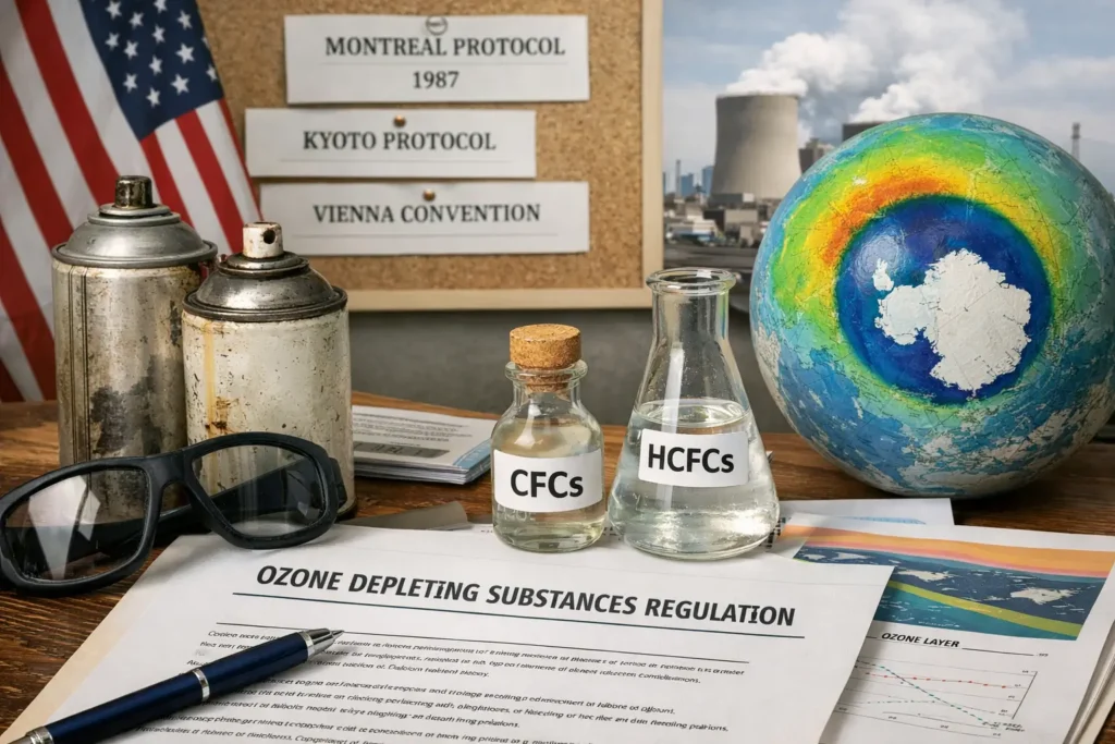 Background concept of ozone-depleting substances regulation showing CFC and HCFC chemicals, environmental agreements, and ozone layer depletion visualization