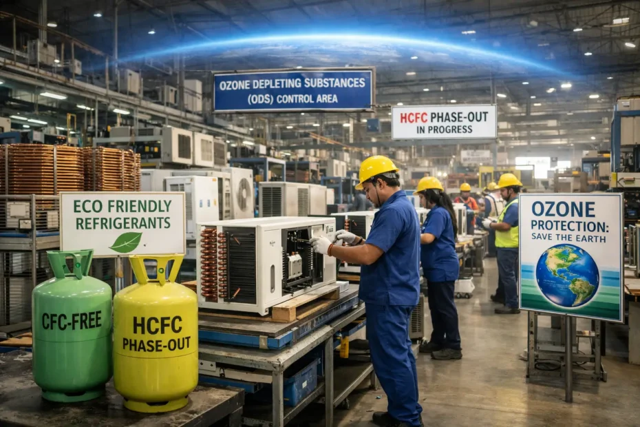 Refrigeration manufacturing industry in India showing eco-friendly refrigerants and ozone depleting substances regulation compliance