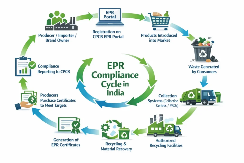 Infographic showing EPR compliance cycle in India including CPCB registration, product distribution, waste collection, recycling, EPR certificate generation, and compliance reporting