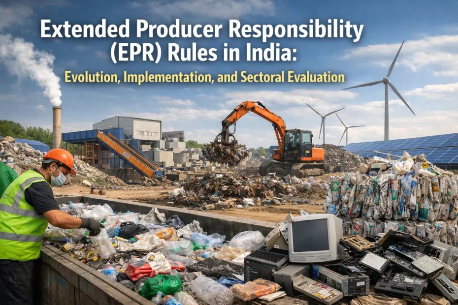 Extended Producer Responsibility (EPR) rules in India showing plastic and e-waste recycling process with workers, machinery, and sustainable energy background