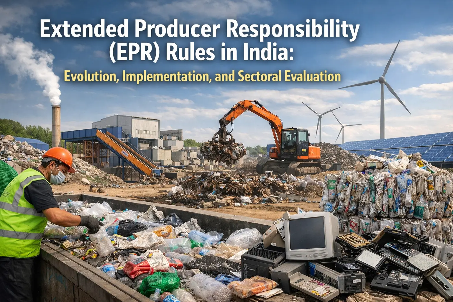 Extended Producer Responsibility (EPR) rules in India showing plastic and e-waste recycling process with workers, machinery, and sustainable energy background