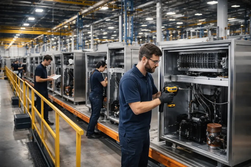 Workers assembling commercial refrigeration units on a modern factory production line showing the impact on the refrigeration manufacturing industry