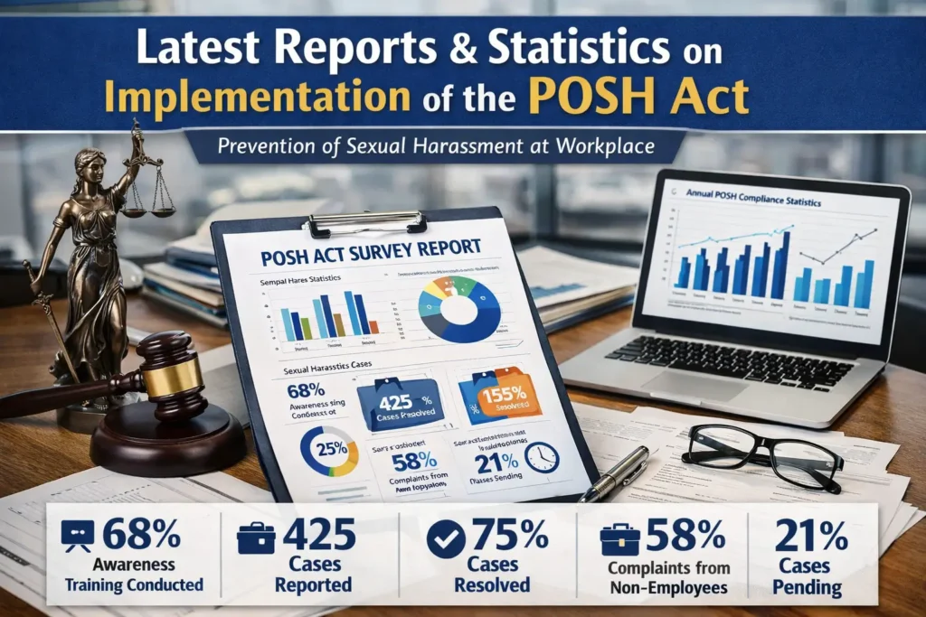 Infographic showing latest reports and statistics on implementation of the POSH Act in India, including awareness training, reported cases, resolved cases, and pending complaints.