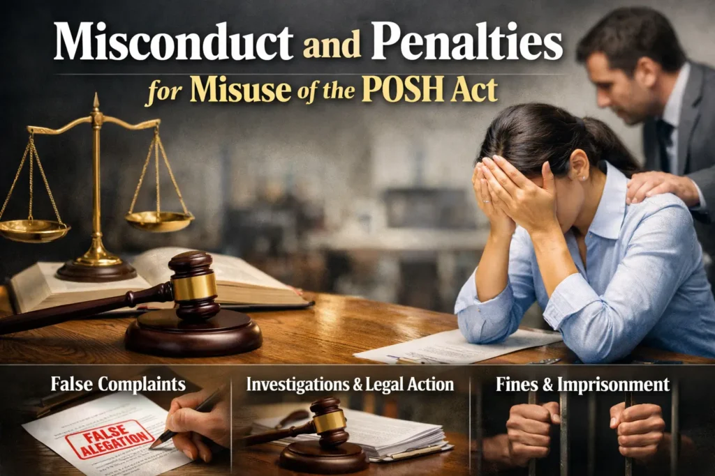 Misconduct and penalties for misuse of the POSH Act in India showing false complaints, legal investigation, fines, and imprisonment consequences in workplace context