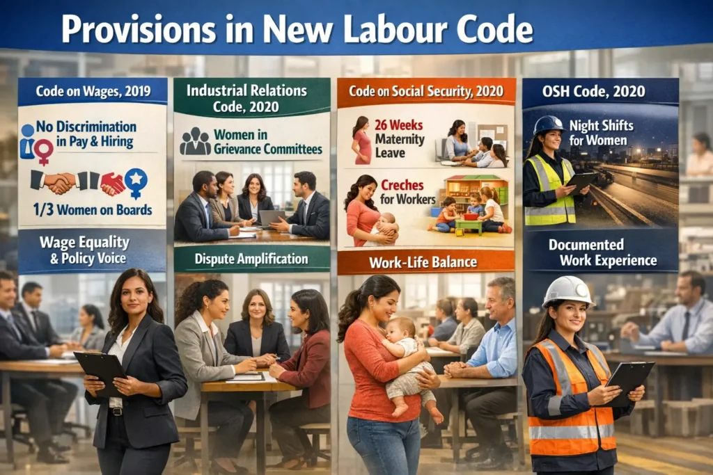 Infographic showing gender provisions in India’s new labour codes including wage equality, women in grievance committees, 26-week maternity leave, workplace creches, and night shift safety under OSH Code 2020