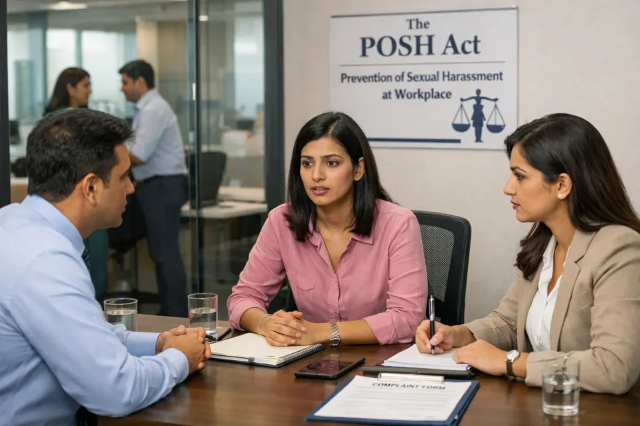 Indian corporate office scene showing a female employee reporting sexual harassment to HR under the POSH Act in a professional workplace setting