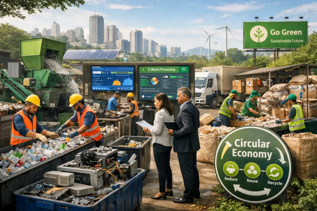 Sectoral implementation of Extended Producer Responsibility in India showing plastic recycling, e-waste processing, and circular economy practices