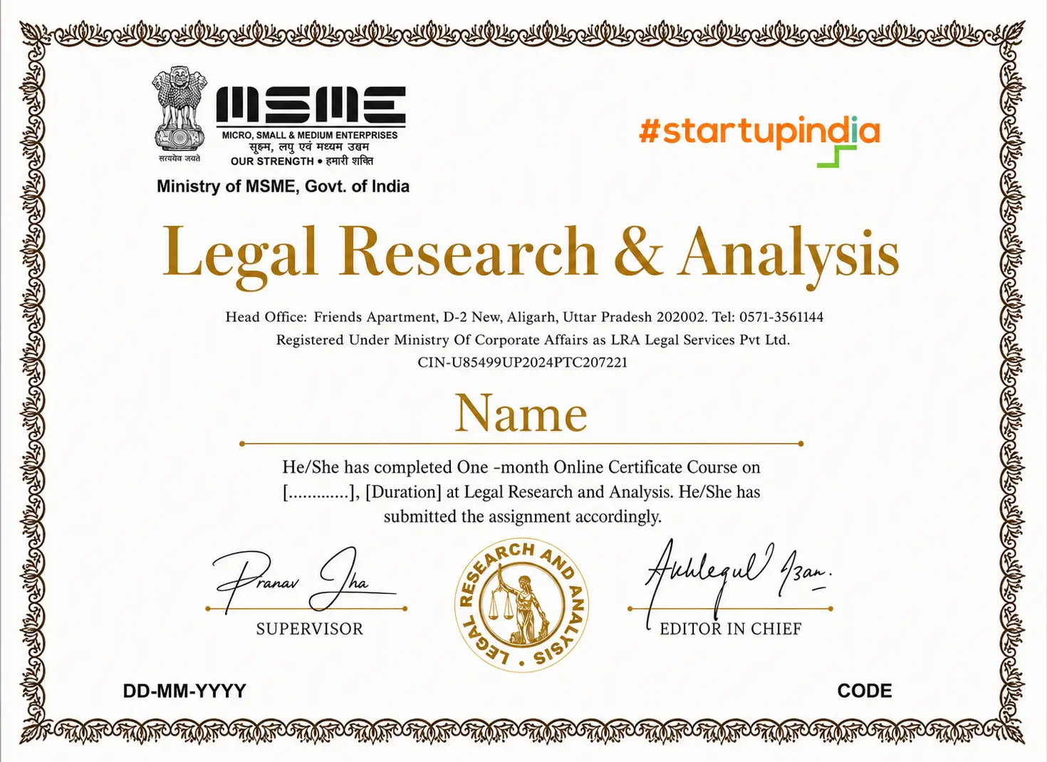 Sample Certificate of Completion — Legal Research and Analysis Legal Drafting Course
