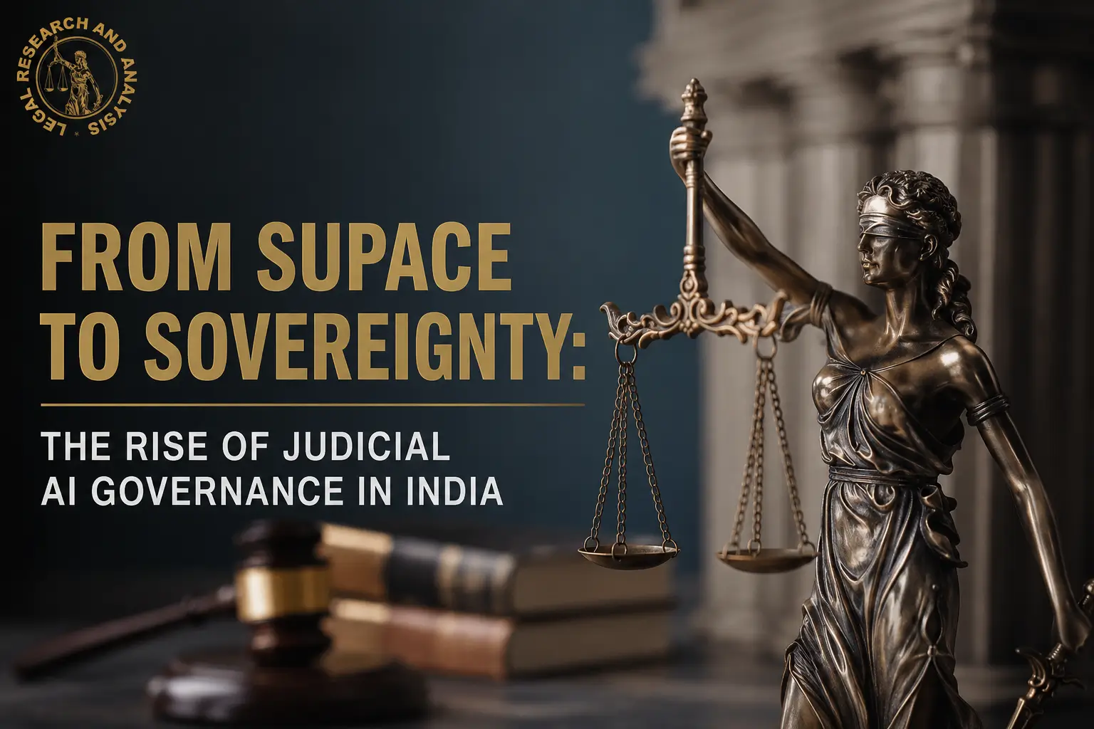 Judicial AI Governance in India featuring Lady Justice and artificial intelligence.