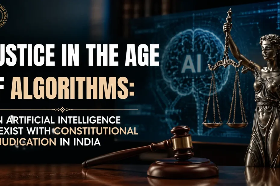 Justice in the Age of Algorithms: Artificial Intelligence and Constitutional Adjudication in India featuring Lady Justice, AI technology, judicial gavel, and Legal Research and Analysis (LRA)