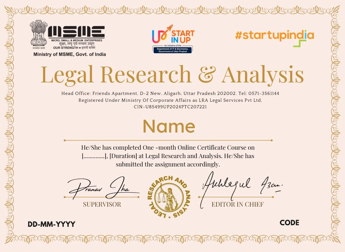 Sample e-Certificate — Certificate Course on International Law, Legal Research and Analysis